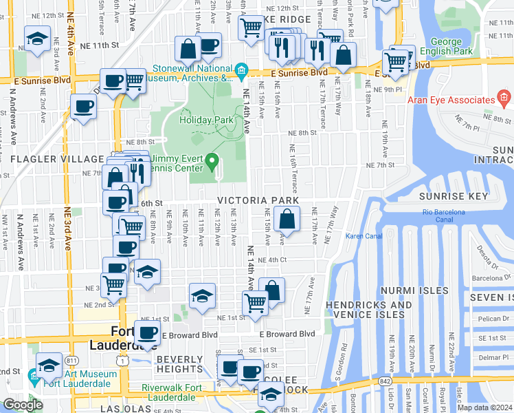 map of restaurants, bars, coffee shops, grocery stores, and more near 1408 Northeast 6th Street in Fort Lauderdale