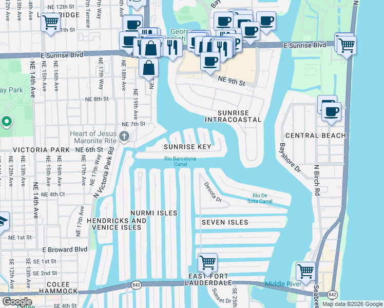 map of restaurants, bars, coffee shops, grocery stores, and more near 2216 Sunrise Key Boulevard in Fort Lauderdale