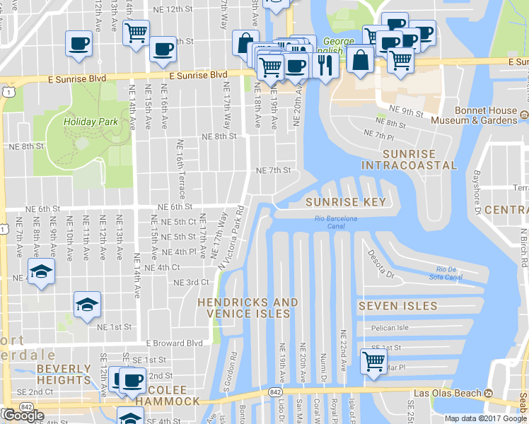 map of restaurants, bars, coffee shops, grocery stores, and more near 1901 Sunrise Key Boulevard in Fort Lauderdale