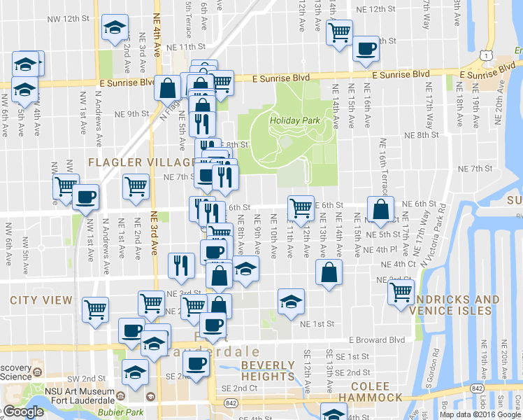 map of restaurants, bars, coffee shops, grocery stores, and more near 549 Northeast 9th Avenue in Fort Lauderdale