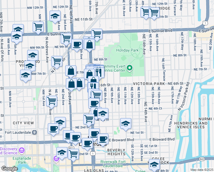 map of restaurants, bars, coffee shops, grocery stores, and more near 549 Northeast 9th Avenue in Fort Lauderdale