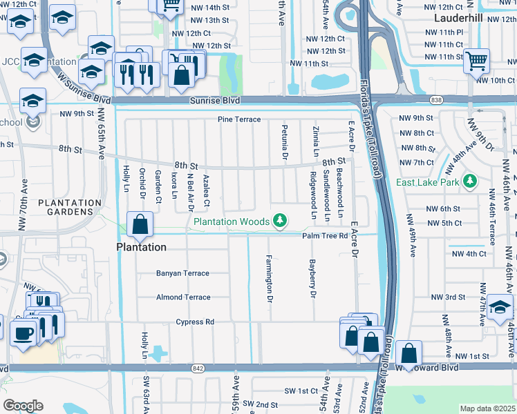 map of restaurants, bars, coffee shops, grocery stores, and more near 640 Camellia Court in Plantation