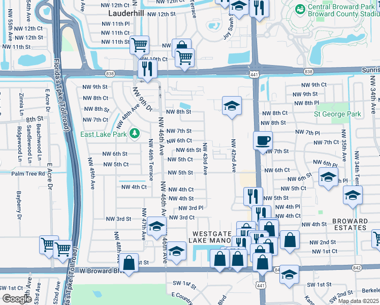 map of restaurants, bars, coffee shops, grocery stores, and more near 4400 Northwest 6th Street in Plantation