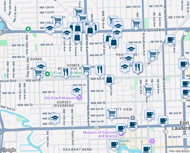 map of restaurants, bars, coffee shops, grocery stores, and more near 606 Northwest 8th Avenue in Fort Lauderdale