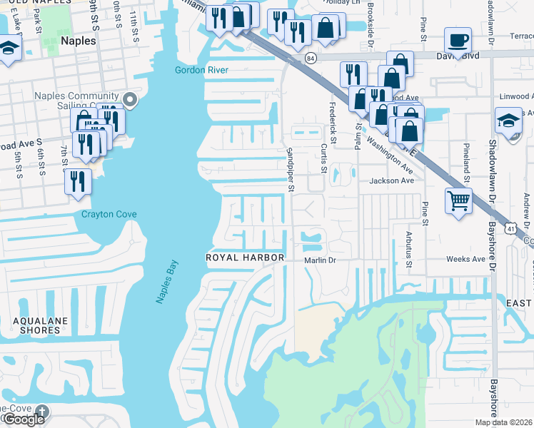 map of restaurants, bars, coffee shops, grocery stores, and more near 1550 Bonita Court in Naples