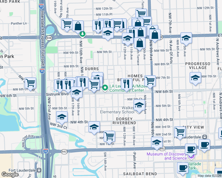 map of restaurants, bars, coffee shops, grocery stores, and more near 627 Northwest 14th Avenue in Fort Lauderdale