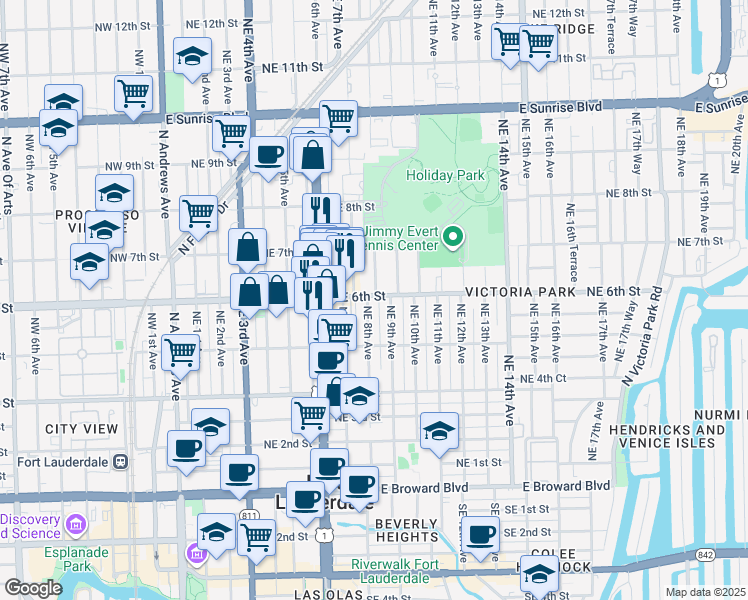 map of restaurants, bars, coffee shops, grocery stores, and more near 549 Northeast 9th Avenue in Fort Lauderdale