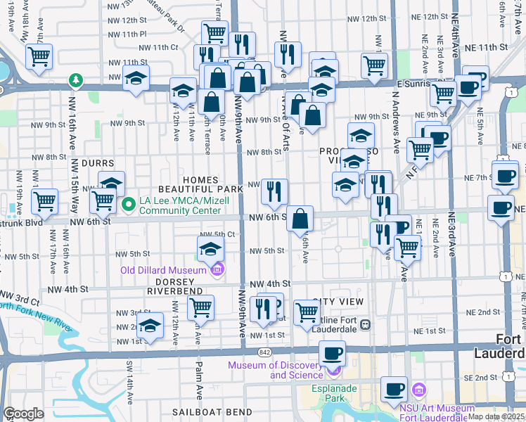 map of restaurants, bars, coffee shops, grocery stores, and more near 606 Northwest 8th Avenue in Fort Lauderdale