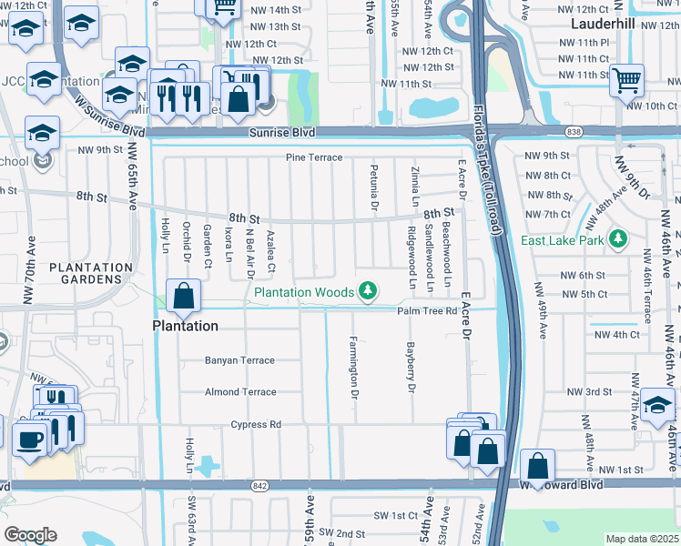 map of restaurants, bars, coffee shops, grocery stores, and more near 640 Camellia Court in Plantation