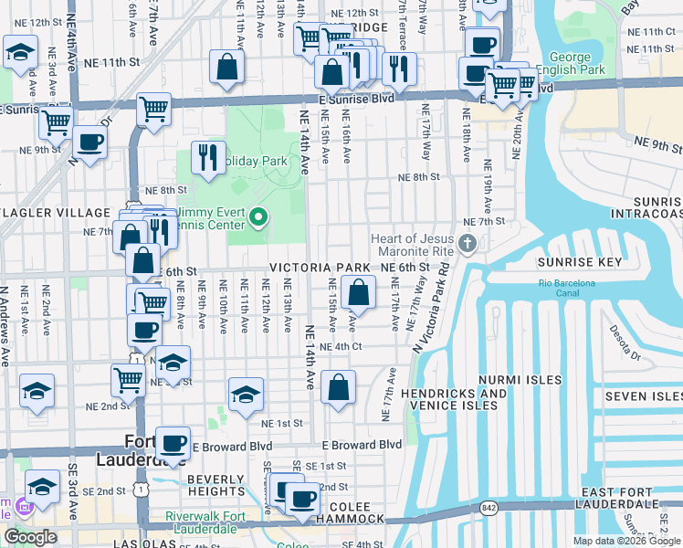 map of restaurants, bars, coffee shops, grocery stores, and more near 1508 Northeast 6th Street in Fort Lauderdale