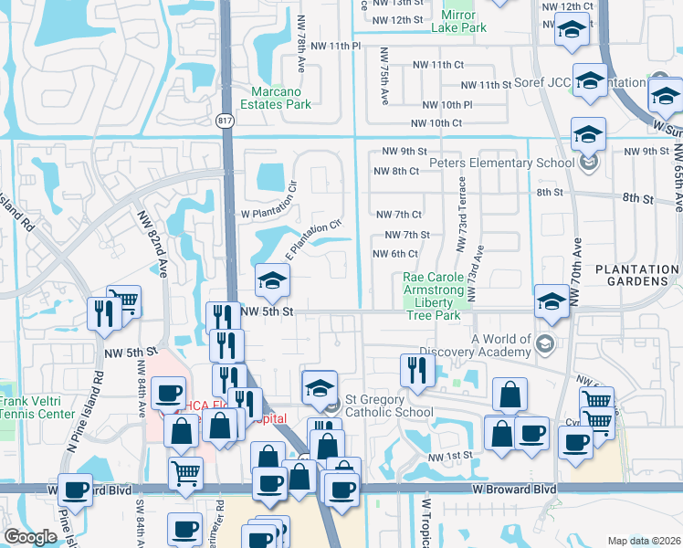 map of restaurants, bars, coffee shops, grocery stores, and more near 7601 Northwest 6th Street in Plantation