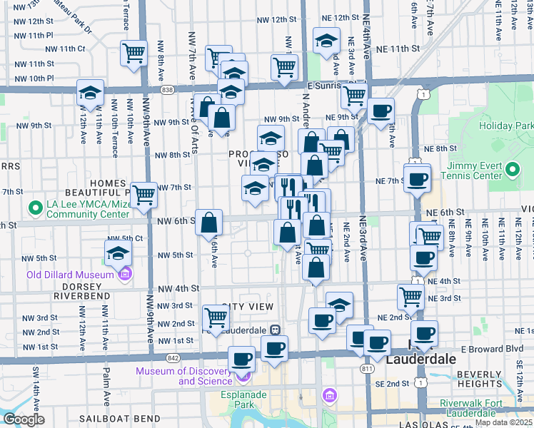 map of restaurants, bars, coffee shops, grocery stores, and more near 223 Northwest 6th Street in Fort Lauderdale