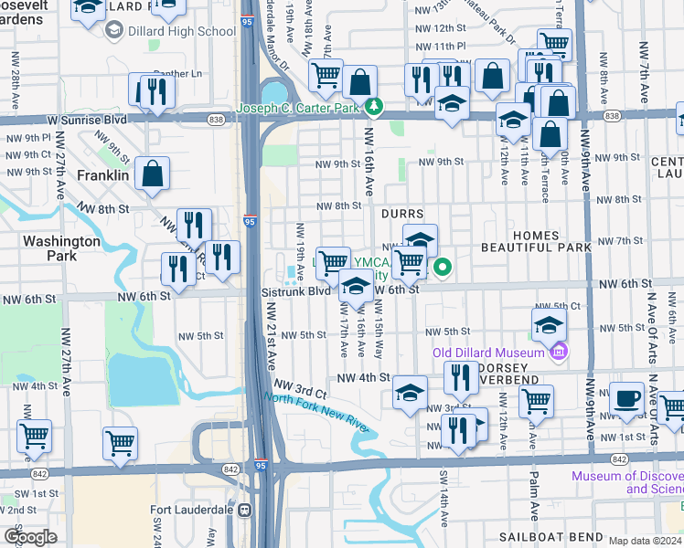 map of restaurants, bars, coffee shops, grocery stores, and more near 1601 Northwest 6th Court in Fort Lauderdale