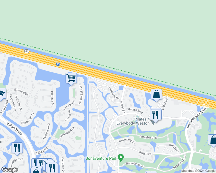map of restaurants, bars, coffee shops, grocery stores, and more near 164 Lakeview Drive in Weston