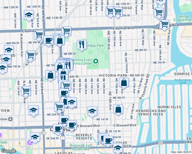 map of restaurants, bars, coffee shops, grocery stores, and more near 549 Northeast 12th Avenue in Fort Lauderdale