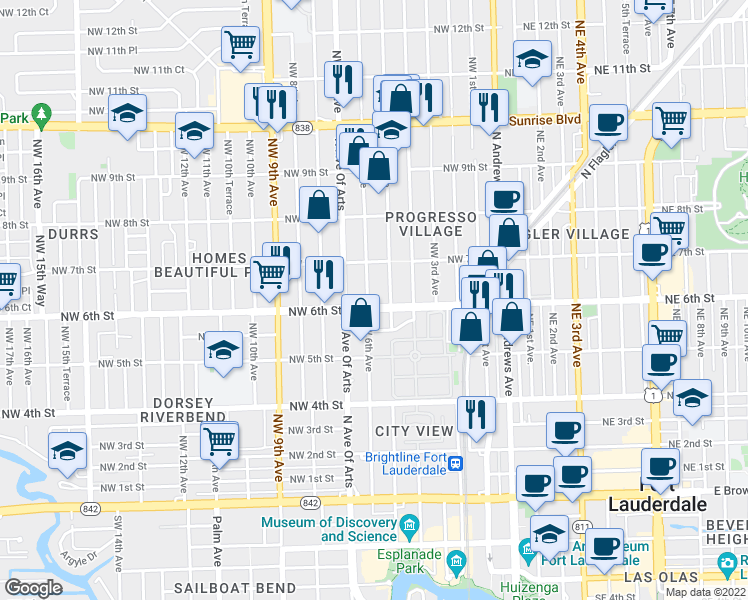 map of restaurants, bars, coffee shops, grocery stores, and more near 600 Northwest 6th Avenue in Fort Lauderdale