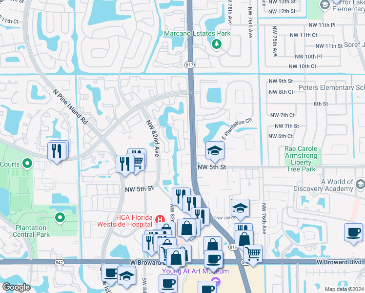 map of restaurants, bars, coffee shops, grocery stores, and more near 8140 Cleary Boulevard in Plantation
