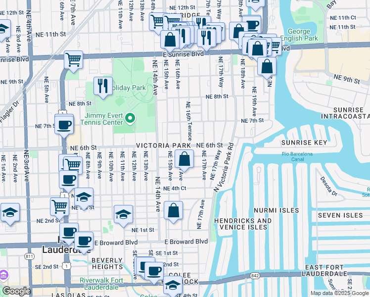 map of restaurants, bars, coffee shops, grocery stores, and more near 1608 Northeast 6th Street in Fort Lauderdale