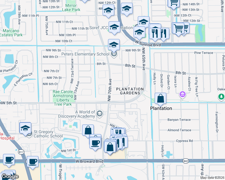 map of restaurants, bars, coffee shops, grocery stores, and more near 6980 Northwest 6th Street in Plantation