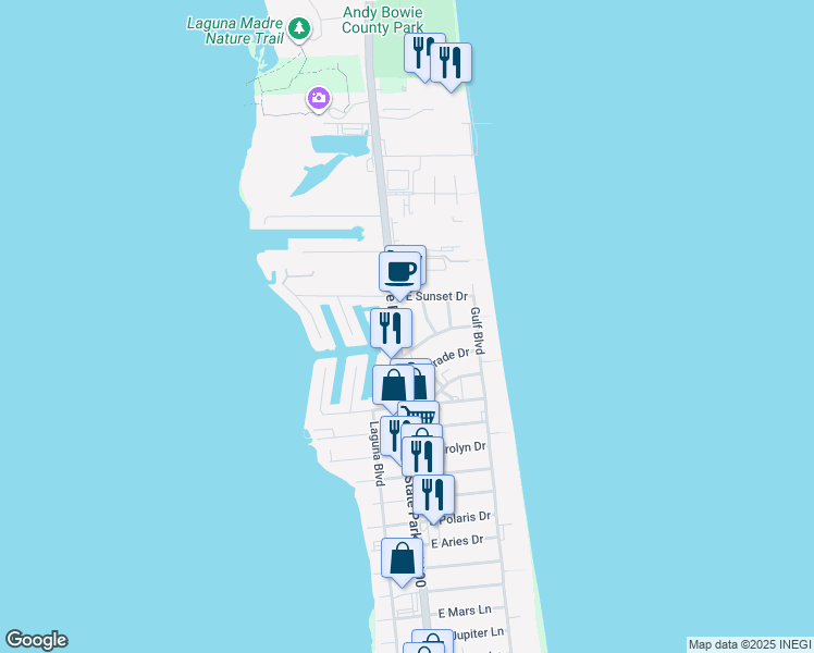 map of restaurants, bars, coffee shops, grocery stores, and more near 29527-29673 Padre Boulevard in South Padre Island