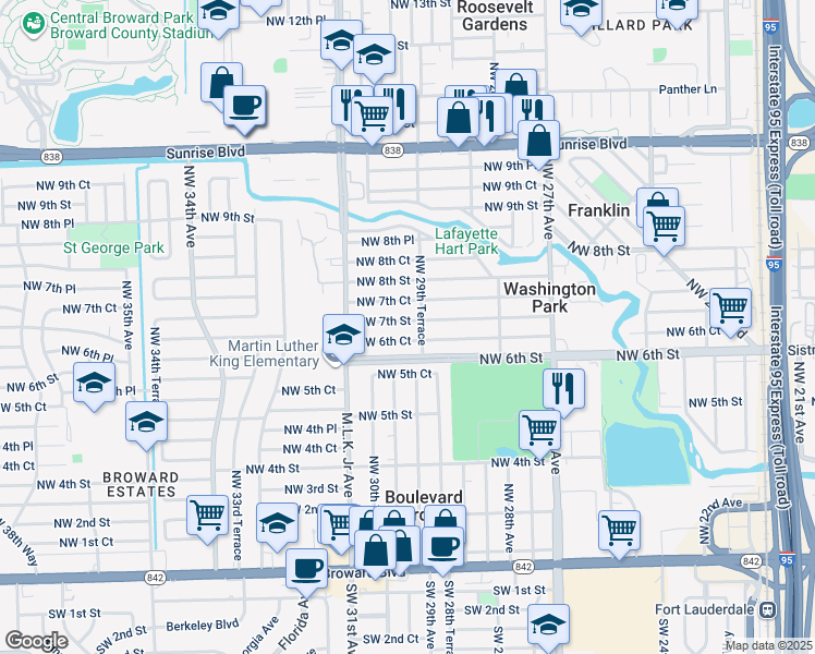 map of restaurants, bars, coffee shops, grocery stores, and more near 2930 Northwest 7th Street in Fort Lauderdale