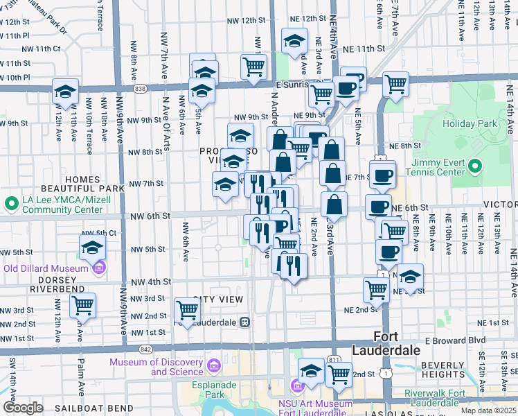 map of restaurants, bars, coffee shops, grocery stores, and more near 115 Northwest 6th Street in Fort Lauderdale