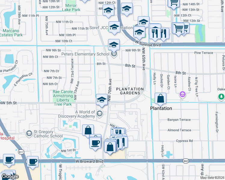 map of restaurants, bars, coffee shops, grocery stores, and more near 6980 Northwest 6th Street in Plantation