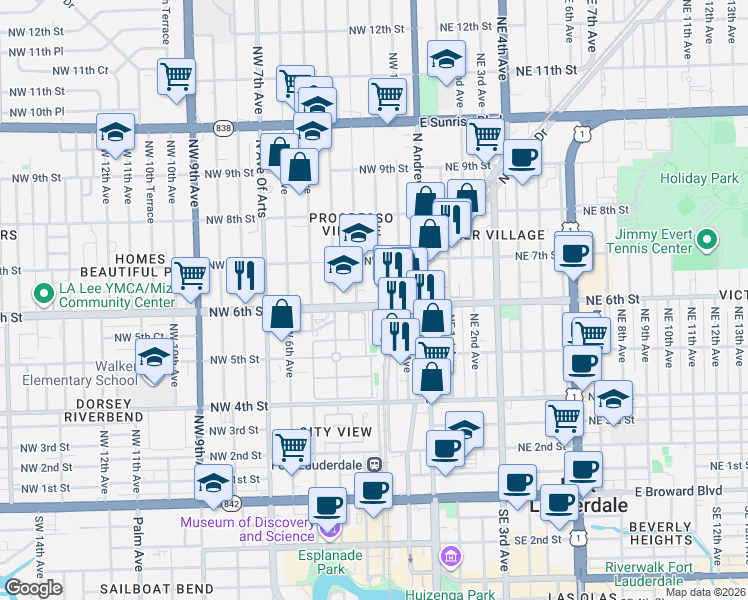map of restaurants, bars, coffee shops, grocery stores, and more near 201 Northwest 6th Street in Fort Lauderdale