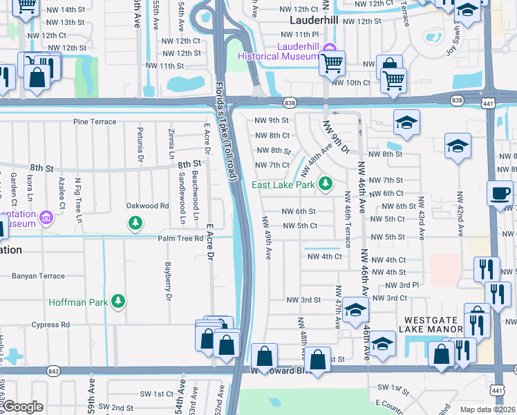 map of restaurants, bars, coffee shops, grocery stores, and more near 601 Northwest 49th Avenue in Plantation
