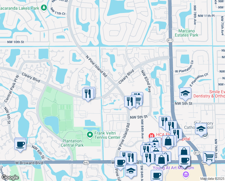 map of restaurants, bars, coffee shops, grocery stores, and more near 8800 Cleary Boulevard in Plantation
