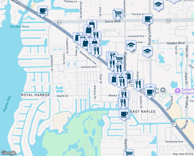 map of restaurants, bars, coffee shops, grocery stores, and more near Pier J in Naples