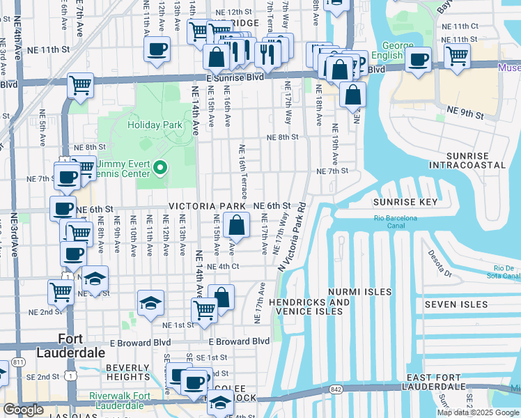 map of restaurants, bars, coffee shops, grocery stores, and more near 545 Northeast 17th Avenue in Fort Lauderdale