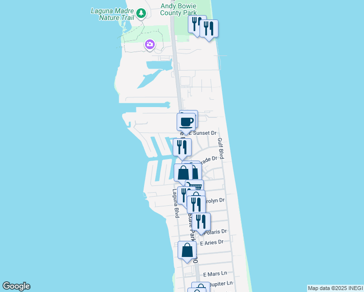 map of restaurants, bars, coffee shops, grocery stores, and more near 29527-29673 Padre Boulevard in South Padre Island