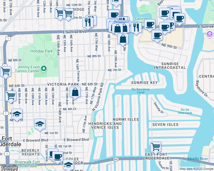 map of restaurants, bars, coffee shops, grocery stores, and more near 548 Victoria Terrace in Fort Lauderdale