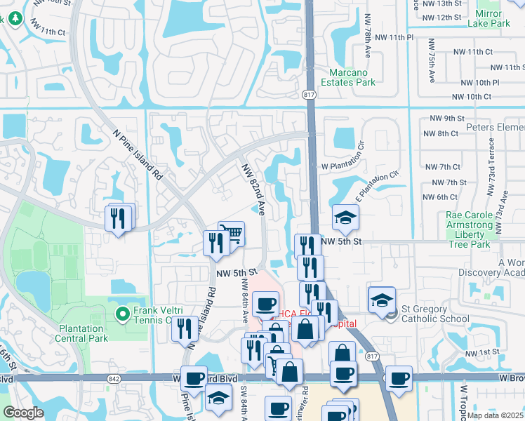 map of restaurants, bars, coffee shops, grocery stores, and more near 665 Northwest 82nd Avenue in Plantation