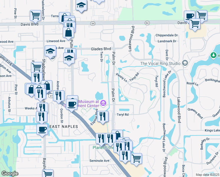map of restaurants, bars, coffee shops, grocery stores, and more near 256 Palm Drive in Naples