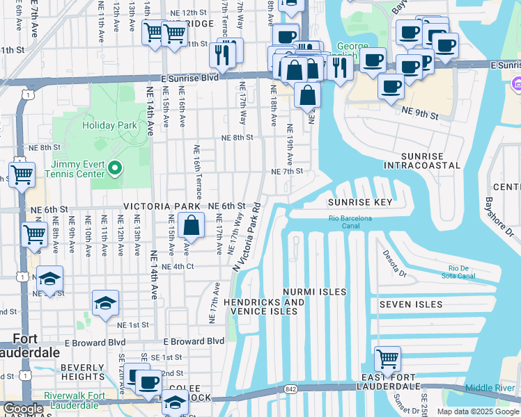 map of restaurants, bars, coffee shops, grocery stores, and more near 548 Victoria Terrace in Fort Lauderdale