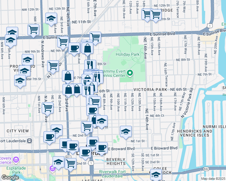 map of restaurants, bars, coffee shops, grocery stores, and more near 549 Northeast 9th Avenue in Fort Lauderdale