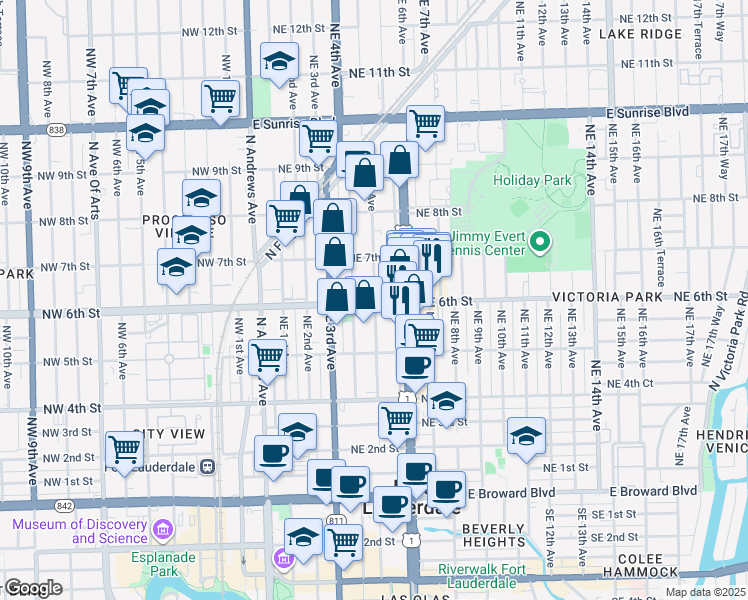 map of restaurants, bars, coffee shops, grocery stores, and more near 421 Northeast 6th Street in Fort Lauderdale