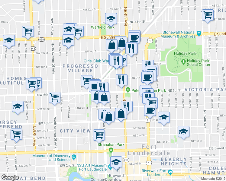 map of restaurants, bars, coffee shops, grocery stores, and more near 125 Northeast 6th Street in Fort Lauderdale