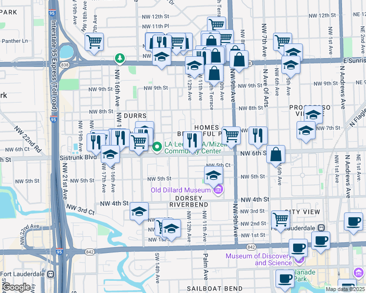 map of restaurants, bars, coffee shops, grocery stores, and more near 1220 Northwest 6th Court in Fort Lauderdale