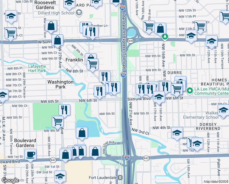 map of restaurants, bars, coffee shops, grocery stores, and more near 621 Northwest 21st Avenue in Fort Lauderdale