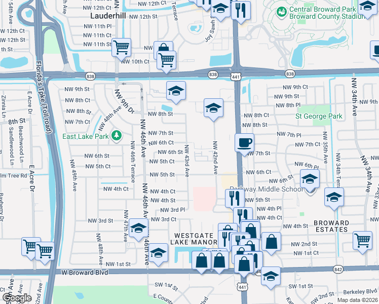 map of restaurants, bars, coffee shops, grocery stores, and more near 590 Northwest 43rd Avenue in Plantation