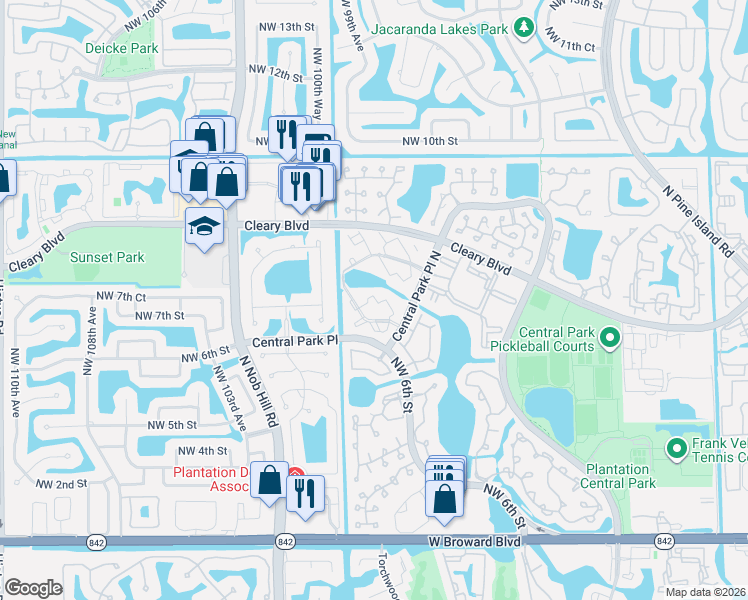 map of restaurants, bars, coffee shops, grocery stores, and more near 9955 Northwest 6th Court in Plantation