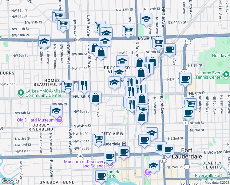 map of restaurants, bars, coffee shops, grocery stores, and more near 613 Northwest 3rd Avenue in Fort Lauderdale