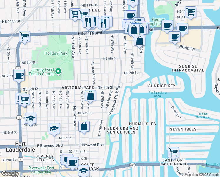 map of restaurants, bars, coffee shops, grocery stores, and more near 545 Northeast 17th Way in Fort Lauderdale