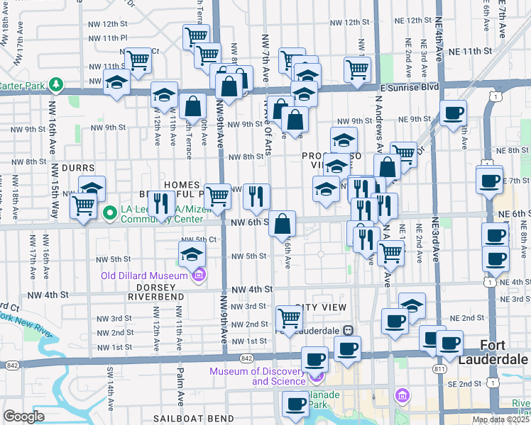 map of restaurants, bars, coffee shops, grocery stores, and more near 611 Northwest 7th Avenue in Fort Lauderdale