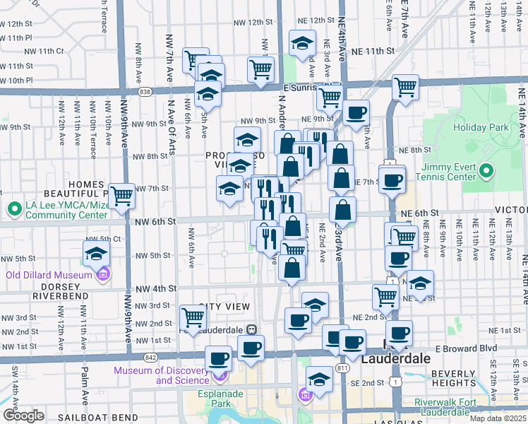 map of restaurants, bars, coffee shops, grocery stores, and more near 115 Northwest 6th Street in Fort Lauderdale