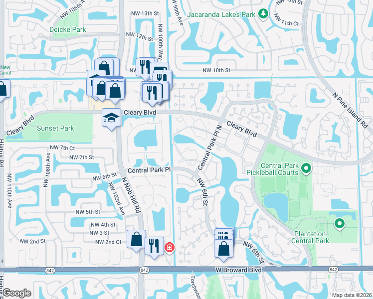 map of restaurants, bars, coffee shops, grocery stores, and more near 9955 Northwest 6th Court in Plantation