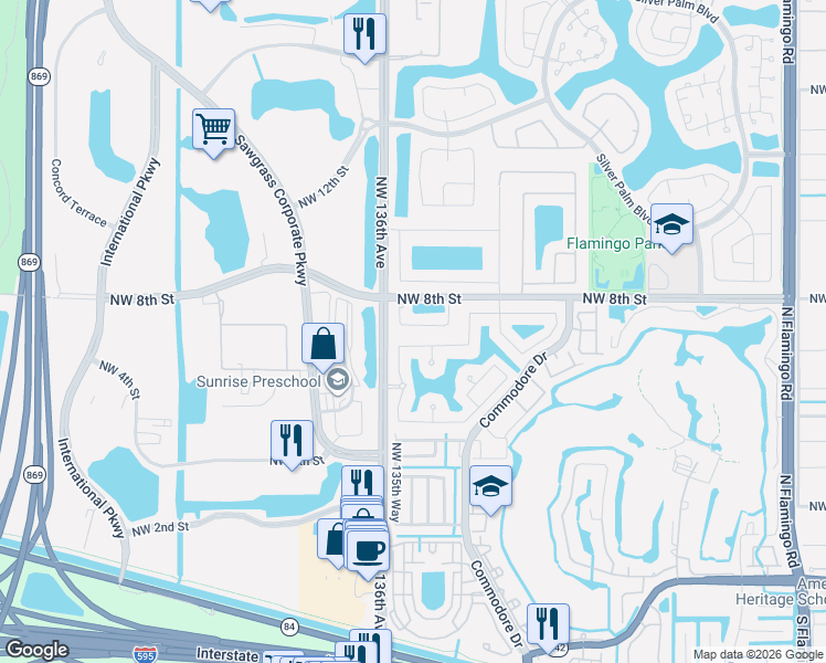map of restaurants, bars, coffee shops, grocery stores, and more near 13532 Northwest 7th Street in Plantation